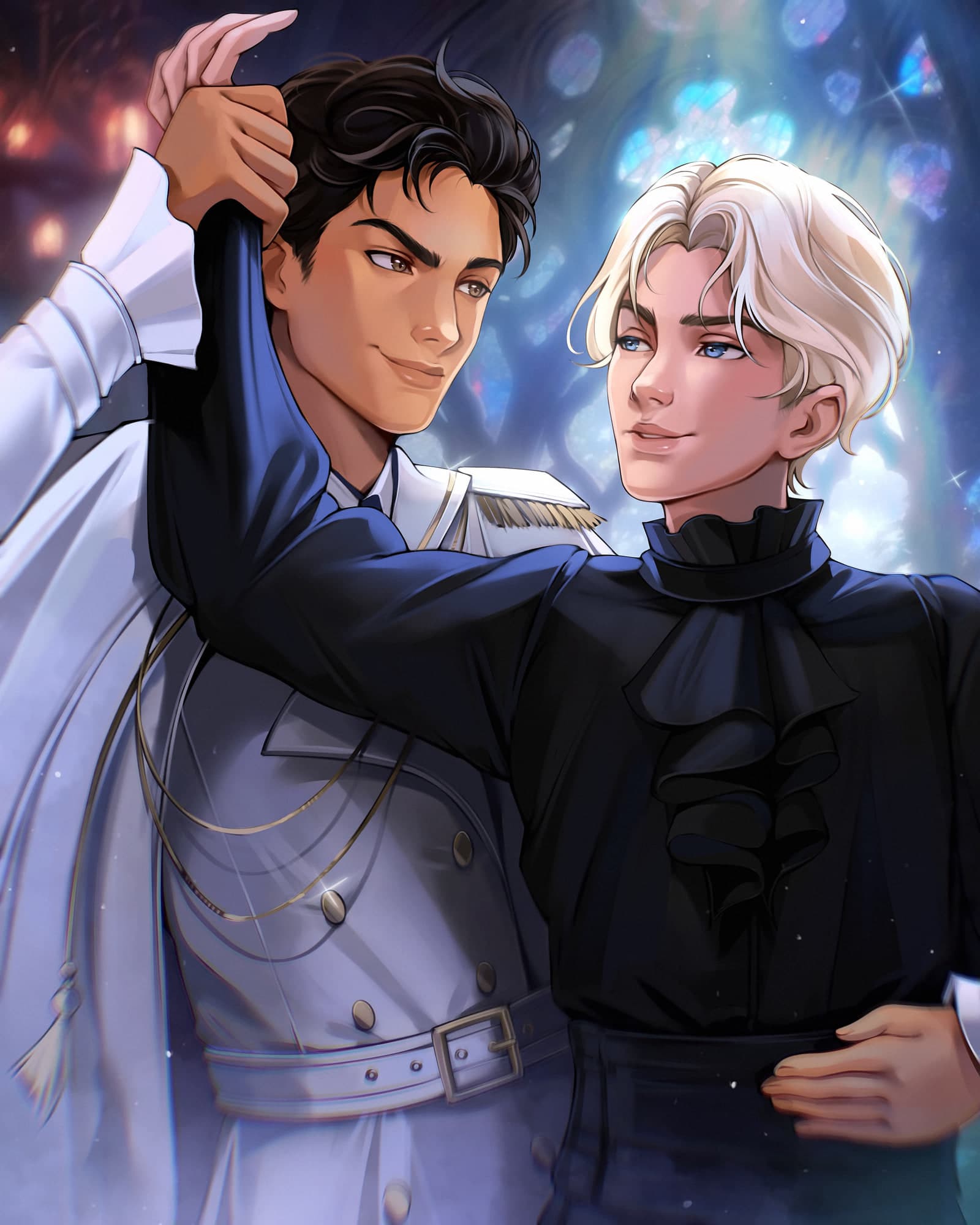 Two young men in formal dress beneath glittering stained glass