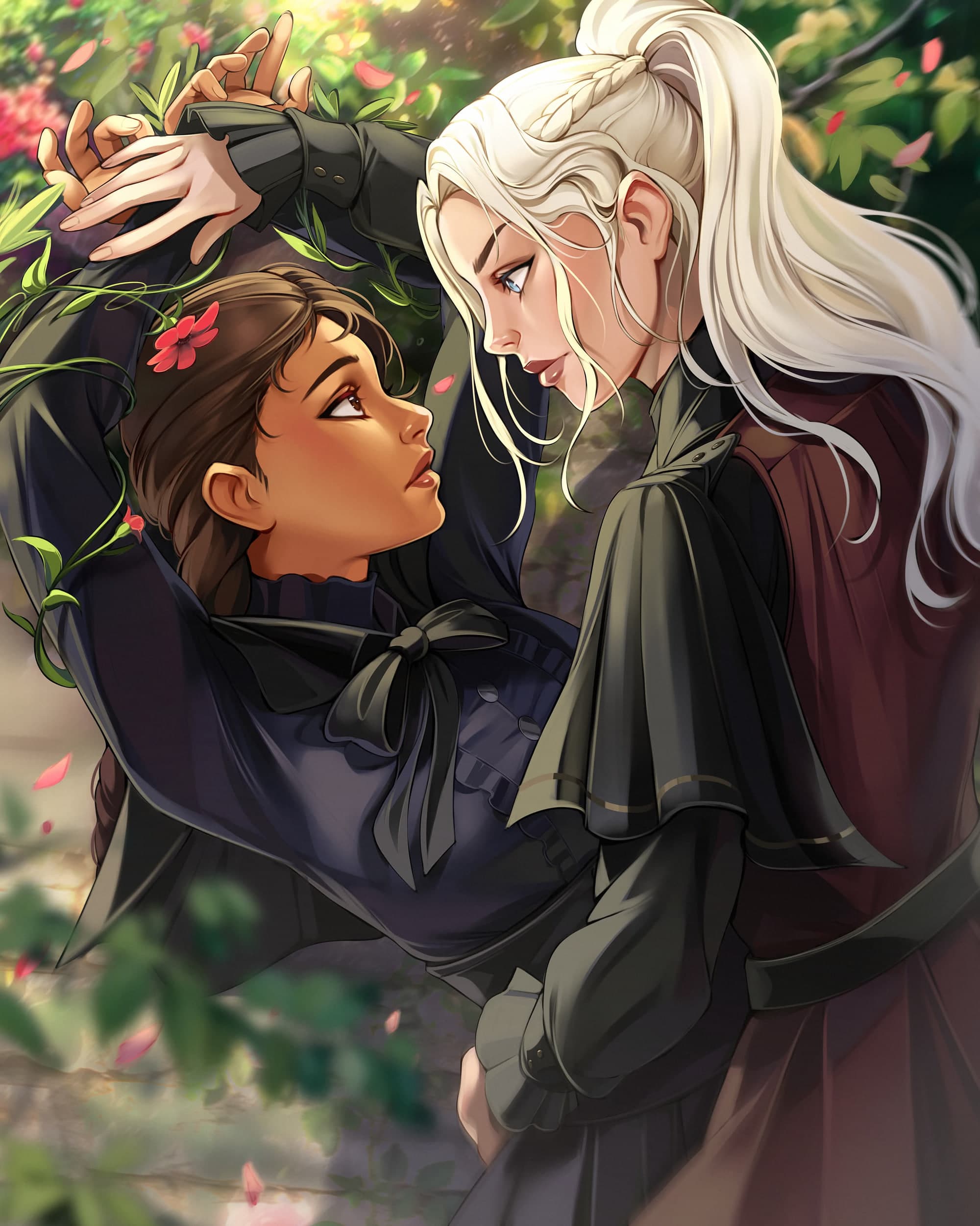 Two young women among blossoming branches, gazing at one another